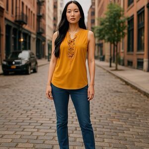 White House Black Market Size Medium Lace-Up Tank Color Is Aurora Career Casual